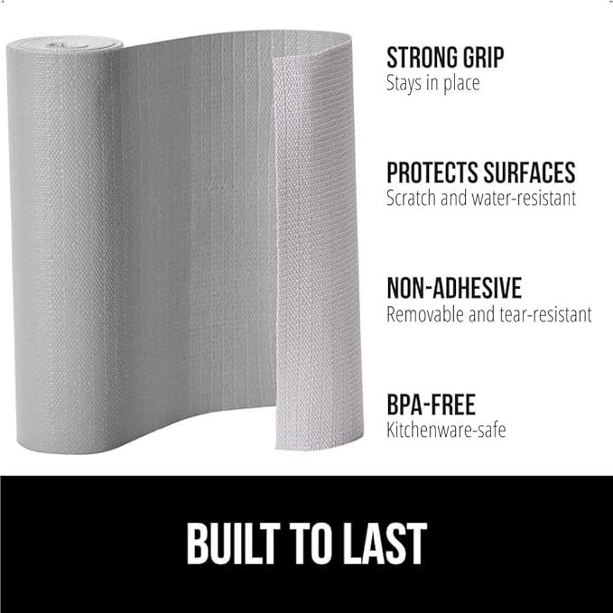 GORILLA GRIP DripGuard Shelf Liner, Non Adhesive Drawer and Kitchen Cabinet Protector, Slip Resistant BPA Free Smooth Surface Plastic Liners for Cabinets, Bathrooms, Closets, 12x240 Inch, Light Gray