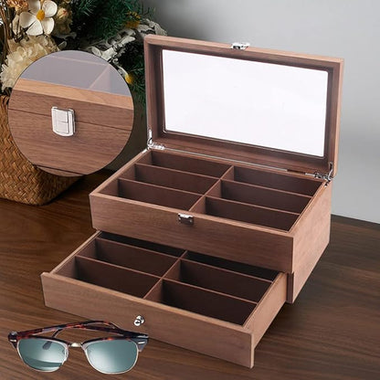 DouSeiAi Double Layer Wooden Sunglasses Organizer, 12 Grids Sunglasses Storage Box, Sunglasses Display Case with Lock Eyewear Holder Organizer Mahogany