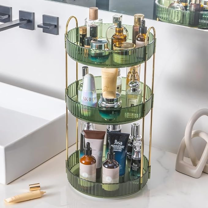 Satpurush 360° Rotating Makeup Organizer, 3 Tier Spinning Cosmetic Organizer for Vanity & Bathroom Countertop, Holds Tall Skincare Bottles, Perfume & Beauty Accessories – Clear Green