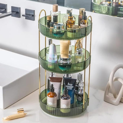 Satpurush 360° Rotating Makeup Organizer, 3 Tier Spinning Cosmetic Organizer for Vanity & Bathroom Countertop, Holds Tall Skincare Bottles, Perfume & Beauty Accessories – Clear Green