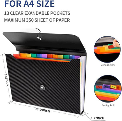 3Pcs Expanding File Folder, 13 Pockets Accordion File Holder Organizer, A4 Letter Size Paper Document Receipt Organizer Accordian Filing Folder for Classroom, Home, Office and Travel