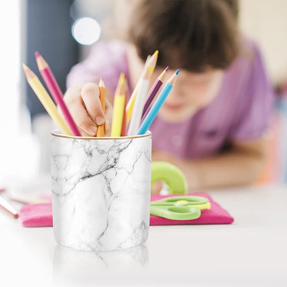 WAVEYU Pen Holder for Desk Cute, Modern Marble Desk Organizer, Durable Ceramic Pencil Cup, Makeup Brush Holder Cup, Multifunctional Office Stationery Holder for Women, Men, White Marble
