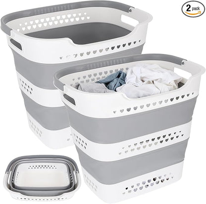 2 Pcs Collapsible Laundry Baskets for Dirty Clothes, 43L Plastic Laundry Hamper for Dorm Bedroom, Space Saving Pop-Up Laundry Hamper Container, Durable Foldable Laundry Basket with Handles (Grey)