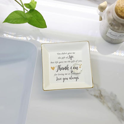 HOME SMILE Bonus Mom Gifts Mother's Day,Step Mom Ceramic Ring Jewelry Dish Tray Plate for Birthday Christmas-You Didn't Give Me Life but Life Gave Me You,Thank You for Loving Me As Your Own