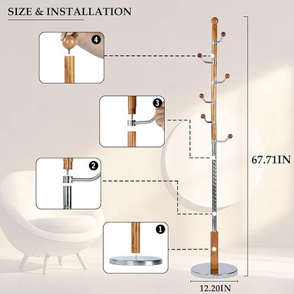 Wood Coat Rack Freestanding, Natural Coats Tree Stand with 14 Hooks, 73" Sturdy and Easy Assembly Coat Rack Stand for Entryway, Hallway, Bedroom, Bags, Hats (Metal Disc Base, Walnut Swivel Hook)