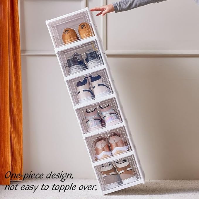 FUYUN Plastic Shoe Organizer - Stackable and Foldable 6-Tier Shoe Boxes for Closet, Clear and Space-Saving Sneaker Containers, No Assembly Required