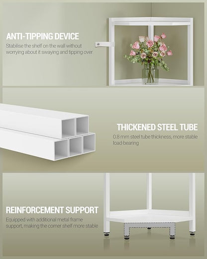 Corner Shelf Stand, Corner Bookshelf, Storage Standing Shelf Unit with Metal Frame, Plant Stand, Bookcase for Living Room, Home Office, Bedroom, 4-Tier White CS05813W