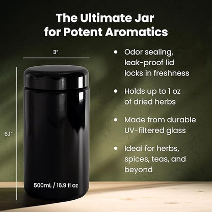 Infinity Jars 500ml (17 fl oz) Airtight UV Glass Jars Odor Blocking, Antistatic, Light Blocking Containers for Herbs, Coffee, Tea & Spices Durable, Refillable & Travel-Friendly Storage
