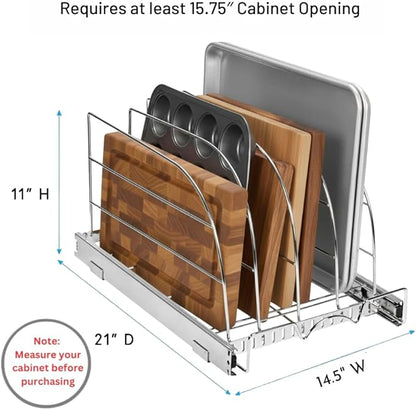 HOLDN’ STORAGE Pull Out Organizer for Bakeware, Cutting Board and Trays, Adjustable Dividers - Heavy Duty, Lifetime Limited Warranty - For Narrow Cabinet Spaces, 14.5”W x 21”D x 11”H, Chrome