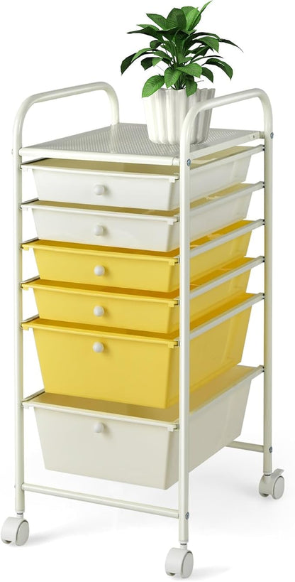 Happygrill 6-Drawer Organizer Cart Tools, Mobile Utility Storage Cart with Removable Drawers & Lockable Wheels, Rolling Storage Cart with Wheels for Home Office,Yellow