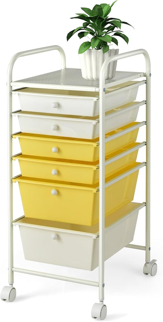 Happygrill 6-Drawer Organizer Cart Tools, Mobile Utility Storage Cart with Removable Drawers & Lockable Wheels, Rolling Storage Cart with Wheels for Home Office,Yellow