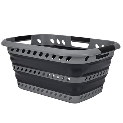 Collapsible Laundry Basket | Portable | Space Saver Storage | Hold 2 Loads | Store Under the Bed or Closet | Good for Kids | Dorm | Bedroom | Large | Grey/Black