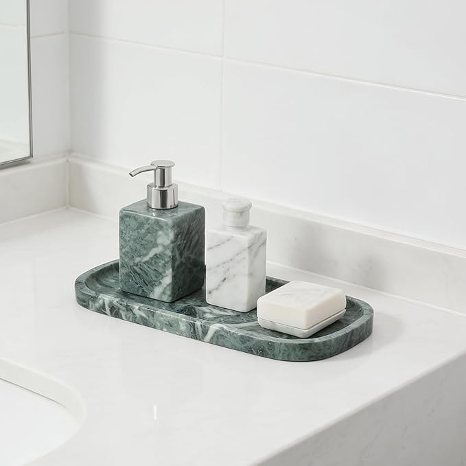 Koville Marble Tray, 10"x5" Marble Vanity Tray for Bathroom Countertop Kitchen Sink, Rectangular Stone Tray for Perfume Fragrance, Decorative Catchall Tray Jewelry Cosmetics Organizer(Green)