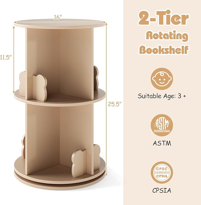 Costzon Kids Rotating Bookshelf, 2 Tier Small Book Shelf with Bookends, 360° Display Spinning Bookshelf Tower, Corner Bookshelf for Small Space, Kids Room, Bedroom, Nursery (Coffee)