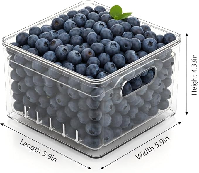 Tayuoo Transparent PET Fruit Draining and Washing colander food storage boxes plastic cookie containers refrigerator organizers (2, Square)