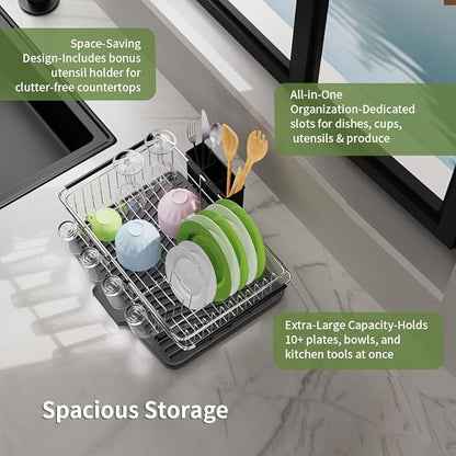 Dish Drying Rack in Sink With Non-Slip Silicone Mat Set, Expandable Carbon Steel Dish Drainers for Kitchen Counter, Bowl Dryer Rack Mat for Inside Sink, Over The Sink D ish Racks(COLOR:Grey+Silver)