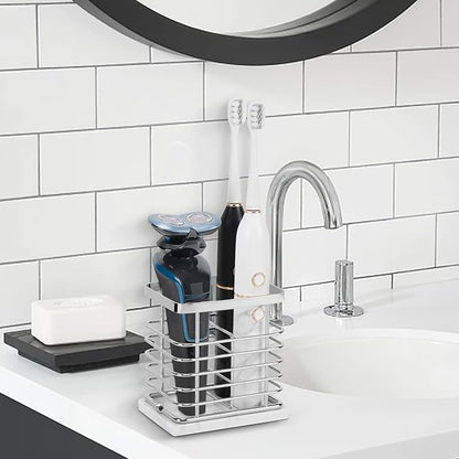 HarJue Toothbrush Holder, Luxurious Metal Toothbrush Toothpaste Holder with Marble Base for Bathroom, Multi-Slots Openwork Design, Bathroom Accessory for Storage and Organizer (Small, Chrome)