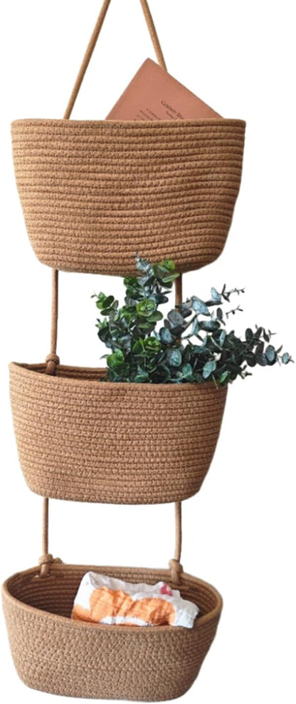 Over The Door Hanging Basket, 3 Tier Cotton Rope Woven Wall Basket, Magazine Racks Hanging Organizer, Decorative Hanging Storage Baskets for Organizing Living Room, Bathroom and Bedroom (Brown)
