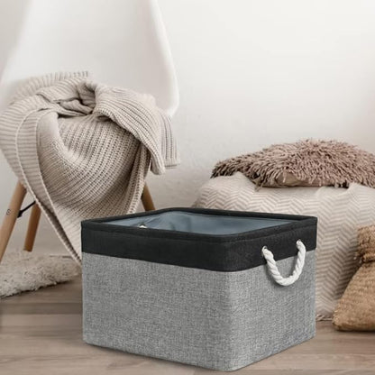 Organization and Storage Bins for Shelves - 17X15X12 inch 2 Pack Foldable Baskets for Organizing, Fabric Storage Cubes with Rope, Storage Box for Decorative Cloth (Black & Grey)