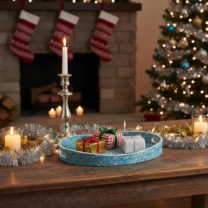 PEMAR 15.7" x 11.8" Oval Capiz Shell Serving Tray, Decorative Ottoman Tray for Living Room, Coffee Table, Breakfast in Bed, Candle Display (Teal Sunlight)