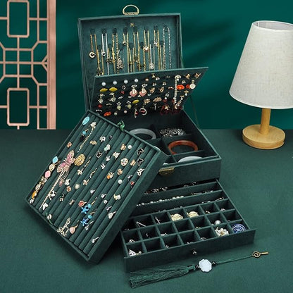 Jewelry Organizer 5 Layers Velvet Square Jewelry Box Women Necklace Ear studs Display Bangles Large Jewelry Storage Case Drawer GY306 (blackish green)