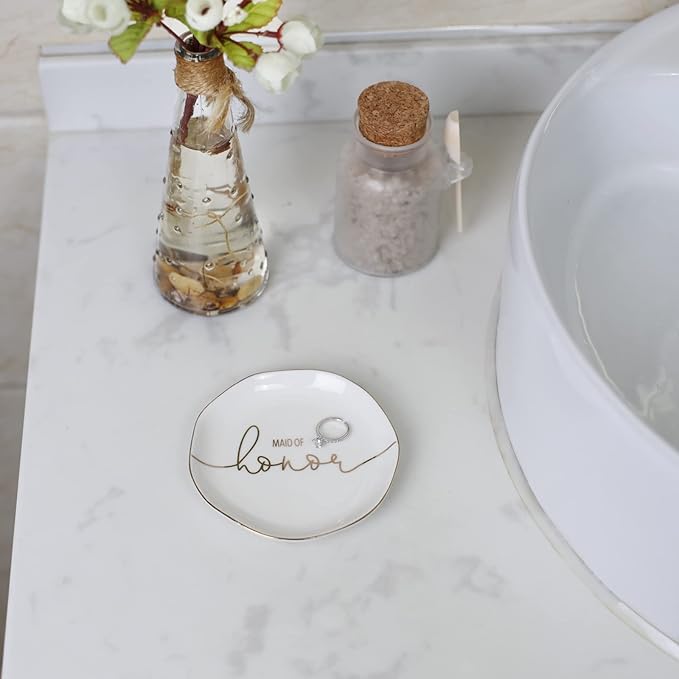 VINCOMIC Wedding Ring Dish For Maid of Honor-Jewelry Dish Tray-Gifts for Bridesmaid,Ceramic White
