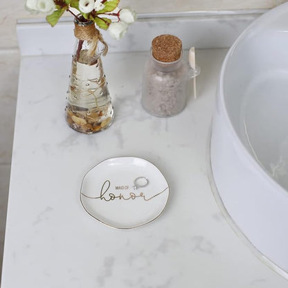VINCOMIC Wedding Ring Dish For Maid of Honor-Jewelry Dish Tray-Gifts for Bridesmaid,Ceramic White