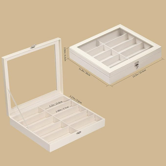 AUTOARK Large Top Glass Lid Sunglasses Organizer Case,10-Slot PU Leather Lockable Storage Box for Eyeglasses,Watch,Jewelry,Gift for Home,Beige,MKAW-113