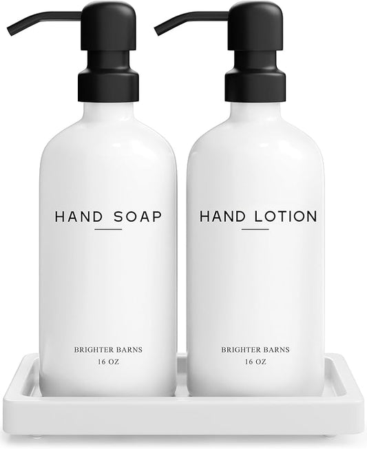 White Glass Soap and Lotion Dispenser Set with Tray by Brighter Barns - Hand Soap Dispenser Bathroom Set & Stainless Steel Pump for Home, Vacation Rental - Modern Bathroom Accessories & Decor (White)