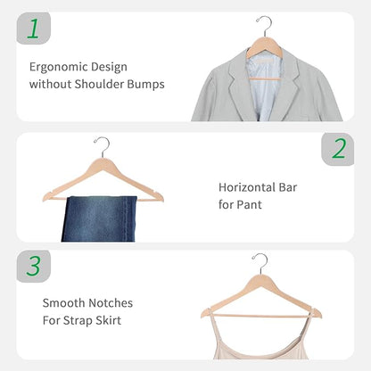 Nature Smile 20 Pack Unfinished Natural Solid Wooden Clothes Hangers Wood Suit Coat Jacket Hanger with Extra Smoothly Cut Notches and Bar - 360°Stronger Rotatable Hook