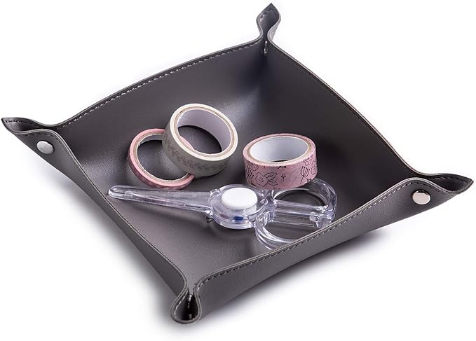 SANQIANWAN Leather Jewelry Valet Tray for Women and Man, Portable Entryway Table Tray Bedside Nightstand Desk Tray Small Catchall Travel Dish Plate for Key,Wallet,Watch,Coin (2PCs Grey-B)