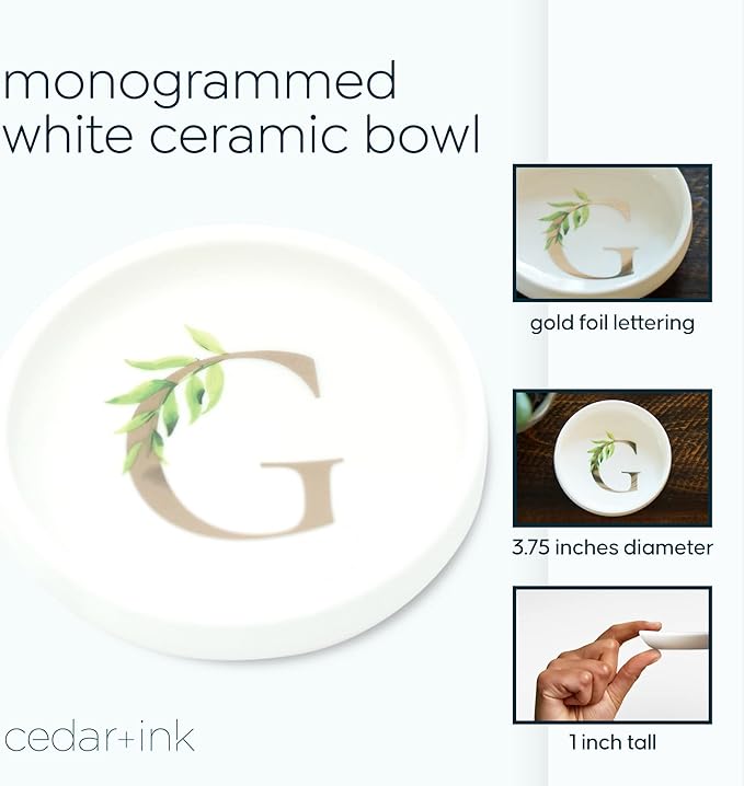 Trinket Tray Jewelry Dish with Monogrammed G in Gold Ring Holder - White Trinket Dish - Personalized Ring Dish or Jewelry Tray - Cedar & Ink (G)