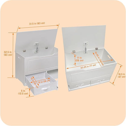 Badger Basket Toy Box and Storage Bench - Chest and Seat Combo with 2 Reversible Baskets, Safety Hinge Lid - Kids Toy Organizer for Playroom or Bedroom - White