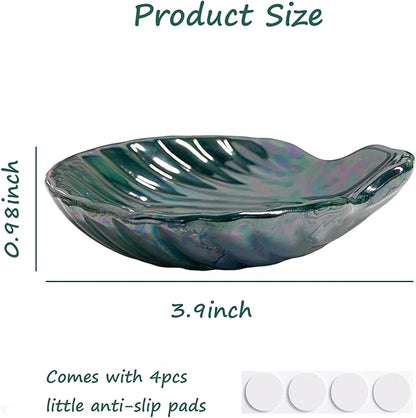 Seashell Trinket Tray, Ceramic Ring Holder Dish for Earrings Necklace, Shell Jewelry Dish Tray, Ocean Room Decor, Birthday Mother's Day Christmas Gift for Women, 3.9", Deep Teal Iridescent Surface