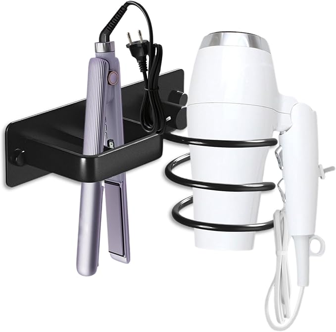 OlBuWa Hair Dryer Rack Wall Mounted Stainless Steel Shelf Storage For Bathroom Walls (Black)
