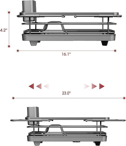 Sakugi Extendable Dish Drying Rack Over Sink with Dish Drainer, Sink Organization and Storage Essentials with Silverware & Utensil Holder, Home and Apartment Decor, 12" W x 16.1~23" L, Silver