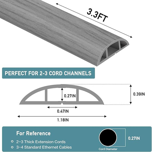 Floor Cord Cover Self Adhesive Cord Hider Floor Extension Cord Covers for Floor Power Cord Protector Cable Management Prevent Cable Trips Cable Cavity 0.47" W x 0.27" H (Light Grey Wood, 3.3Ft)