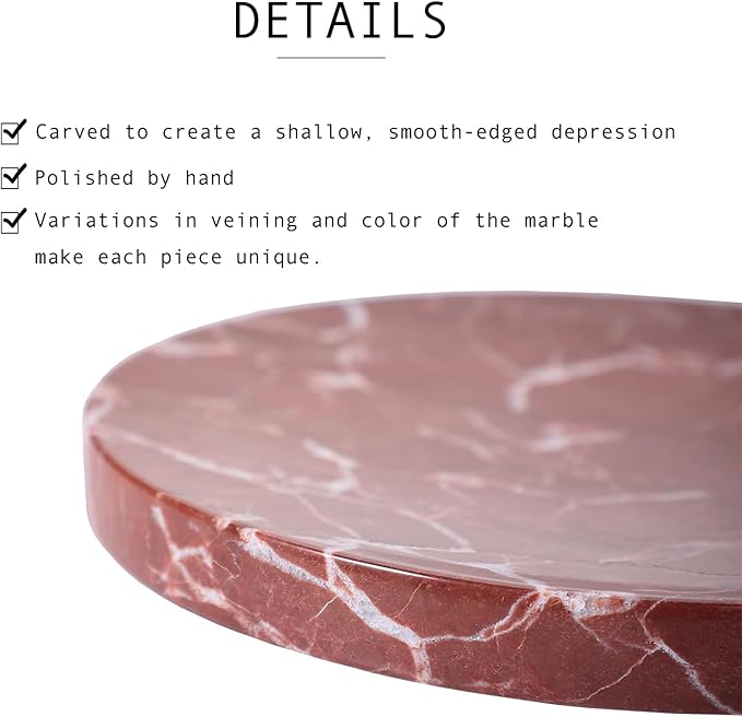 8" Natural Travertine Ring Dish Jewelry Tray for Women Gift - Marble Trinket Dish for Key Earring Nightstand - Candy,Fruit, Nut, Snack Serving Tray for Table, Home Decor (French Red Marble)