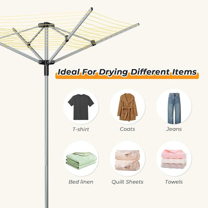tonchean 165 Feet Outdoor Umbrella Drying Rack, 4-arm Rotary Umbrella Clothesline for Laundry Adjustable Height Rotary Dryer Collapsible Clothes Drying Rack with 12-Lines