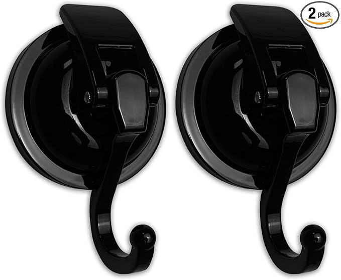 YSSILADI Heavy Duty Vacuum Shower Hooks - Glass Suction Cup Hooks, Reusable, No Hole Punched, for Bathroom Robe and Garland Decoration (Black, 2 Pack)