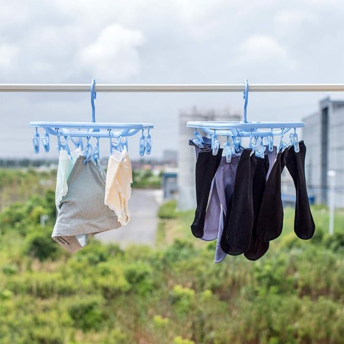 Small Clip & Drip Hanger 2-Pack, 12 Clips & 360 Rotatable Hook, Drying Hanger for Towels, Bras, Baby Clothes, Gloves, Blue
