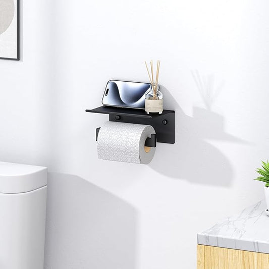 Suyar Toilet Paper Holder with Shelf Matte Black, SUS 304 Stainless Steel Wall Mounted Tissue Holder Phone Shelf for Bathroom