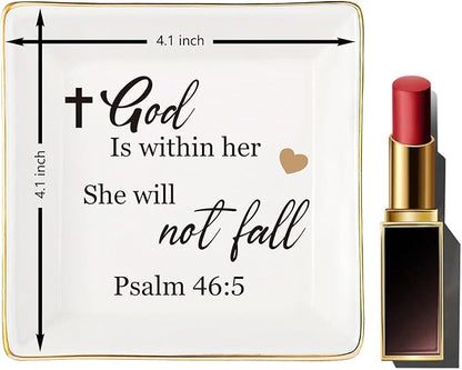 JOYIMARR Religious Gifts for Women Christian-Ceramic Ring Dish -God is Within Her She Will Not Fall, Christian Gifts for Mom Sister Aunt