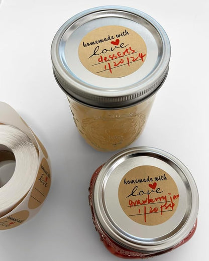 2" Homemade with Love Stickers, 500 Pcs Kraft Jar Canning Label Stickers for Baked Packaging, Cookie Bags, Fudge Containers, Store Owners, Crafts, Organizing, Price Tags