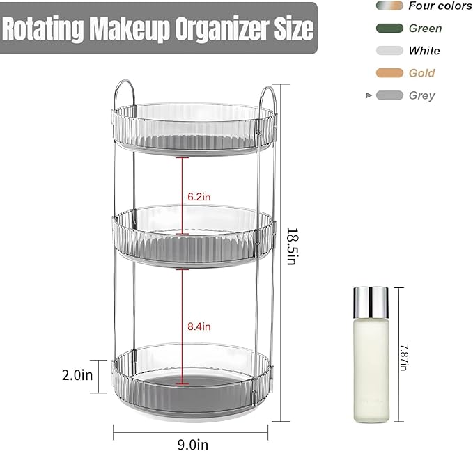 Weidace 360 Rotating Makeup Organizer for Vanity, Bathroom Countertop Spinning Perfume Organizer, High-Capacity Cosmetic and Skincare Dresser Make Up Holder Rack (3 Tiers, Grey)
