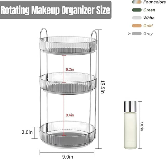 Weidace 360 Rotating Makeup Organizer for Vanity, Bathroom Countertop Spinning Perfume Organizer, High-Capacity Cosmetic and Skincare Dresser Make Up Holder Rack (3 Tiers, Grey)