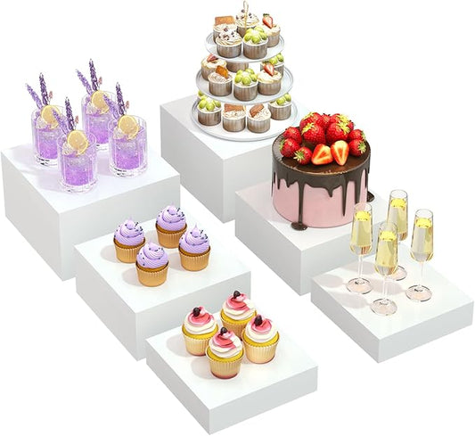 6PCS Buffet Risers, Food Risers for Buffet Table, Acrylic Boxes for Food, Display Stand for Party Catering Dessert Collectibles, Acrylic Cube Boxes with Hollow Bottoms, Food Stand Set, White (8"x9"x10")