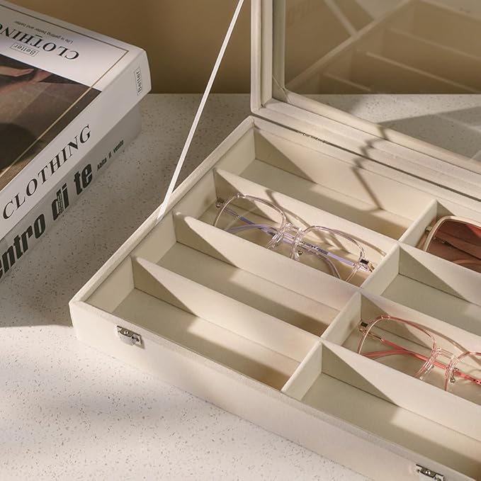 XHMQYC Glasses Holder Box Drawer Sunglass Organizer for Men Clear Wide Storage Case 8 Slots Multiple Reading Glasses Display, Beige Velvet With Clear Glass Lid