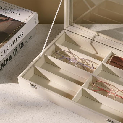 XHMQYC Glasses Holder Box Drawer Sunglass Organizer for Men Clear Wide Storage Case 8 Slots Multiple Reading Glasses Display, Beige Velvet With Clear Glass Lid