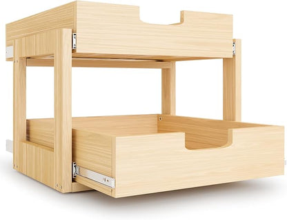 Pull Out Cabinet Organizer, 23''W×21''D×16''H Soft Close Slide Out Wooden Pull out Drawers, Double Tier Slide out Wood Cabinet Organizer, for Base Cabinet Organization in Kitchen, Pantry, Bathroom